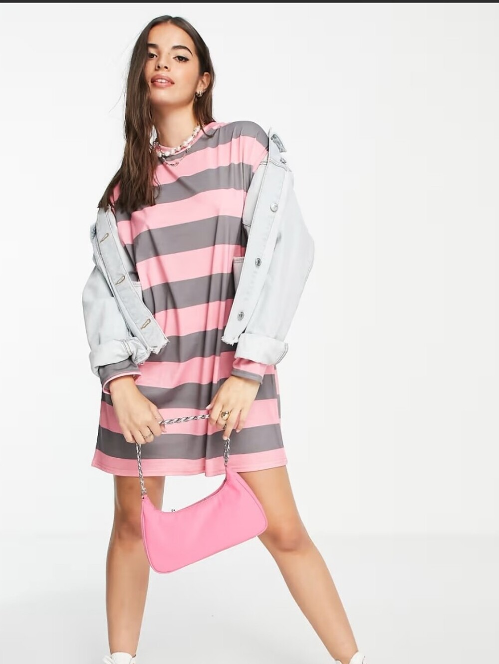 ASOS Pink and Gray Striped Mini T-Shirt Dress